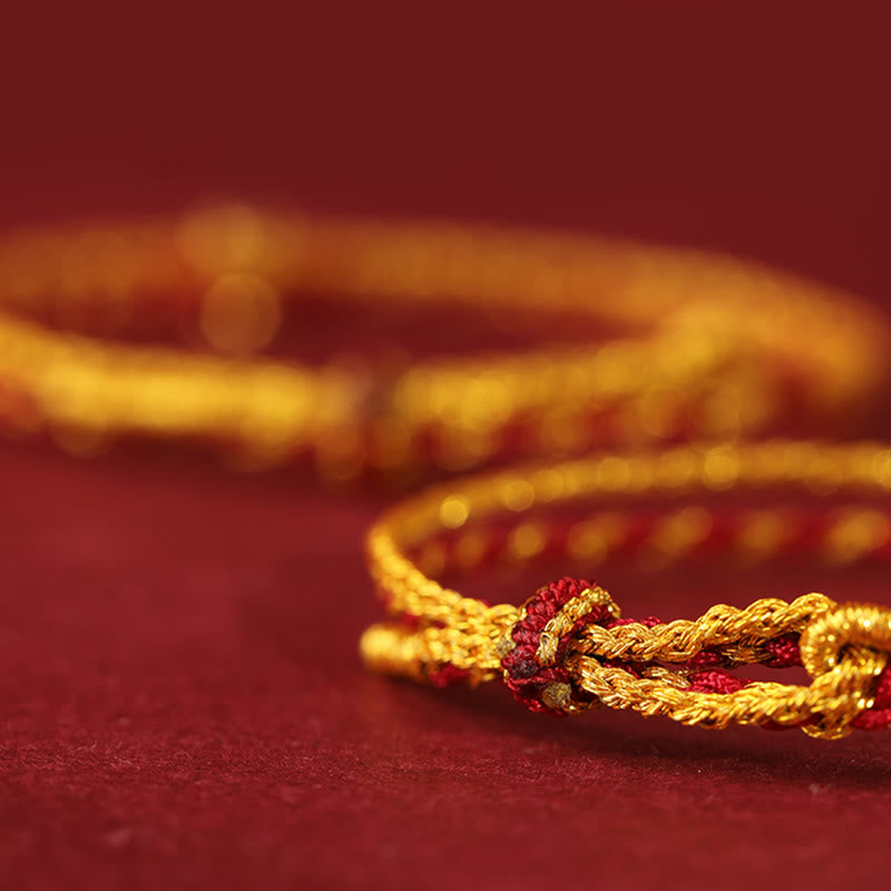 Bracelet tressé double tour en or 999 Buddha Stones , perles et pièce de cuivre, cordon doré et rouge. - image 2