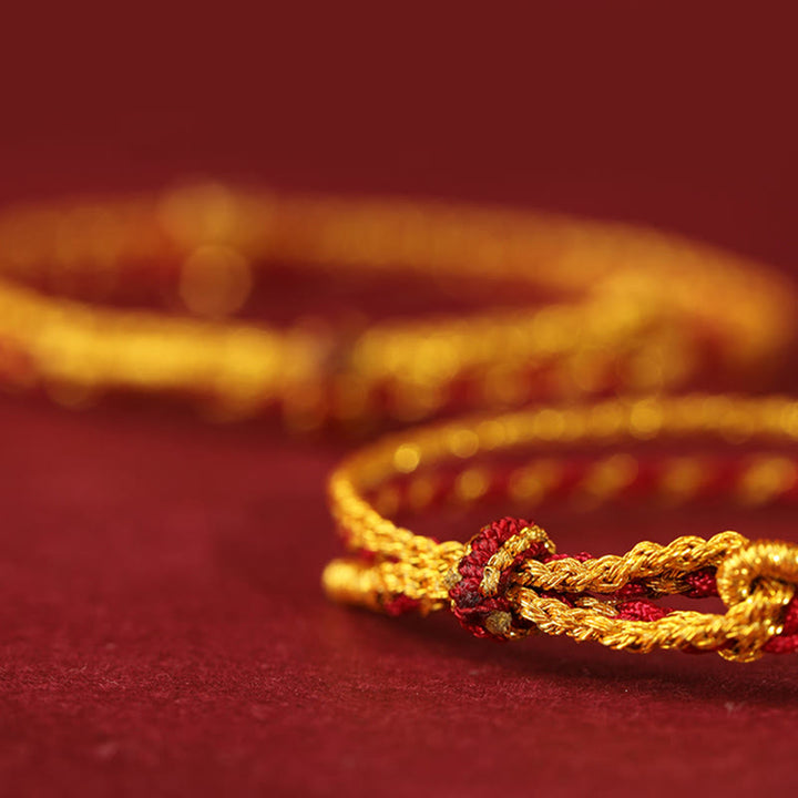 Bracelet tressé double tour en or 999 Buddha Stones , perles et pièce de cuivre, cordon doré et rouge. - image 2