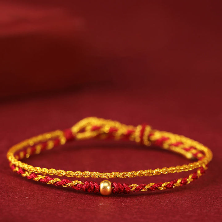 Bracelet tressé double tour en or 999 Buddha Stones , perles et pièce de cuivre, cordon doré et rouge. - Perle unique en or 999 - image 0
