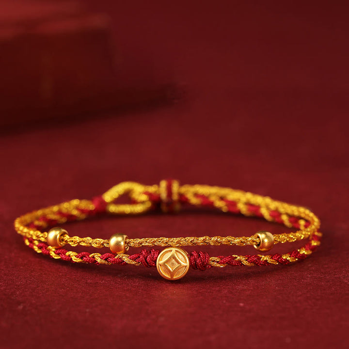 Bracelet tressé double tour en or 999 Buddha Stones , perles et pièce de cuivre, cordon doré et rouge. - Pièce de cuivre en or 999 et trois perles - image 5