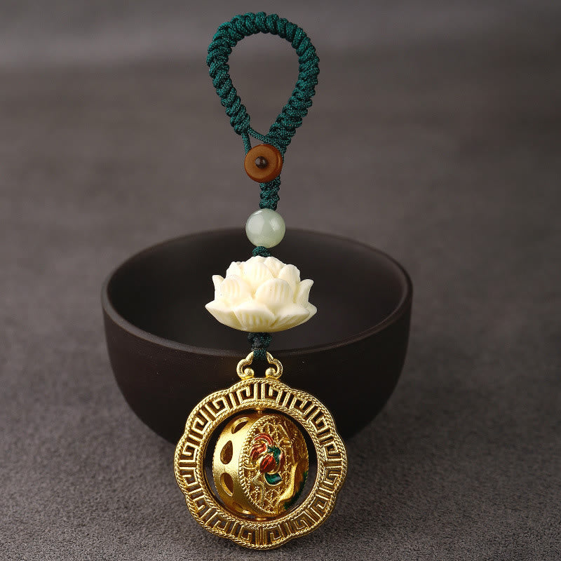 Buddha Stones, graine de Bodhi, lotus, perle de jade Hetian, porte-clés rotatif en cuivre « Paix » - image 2