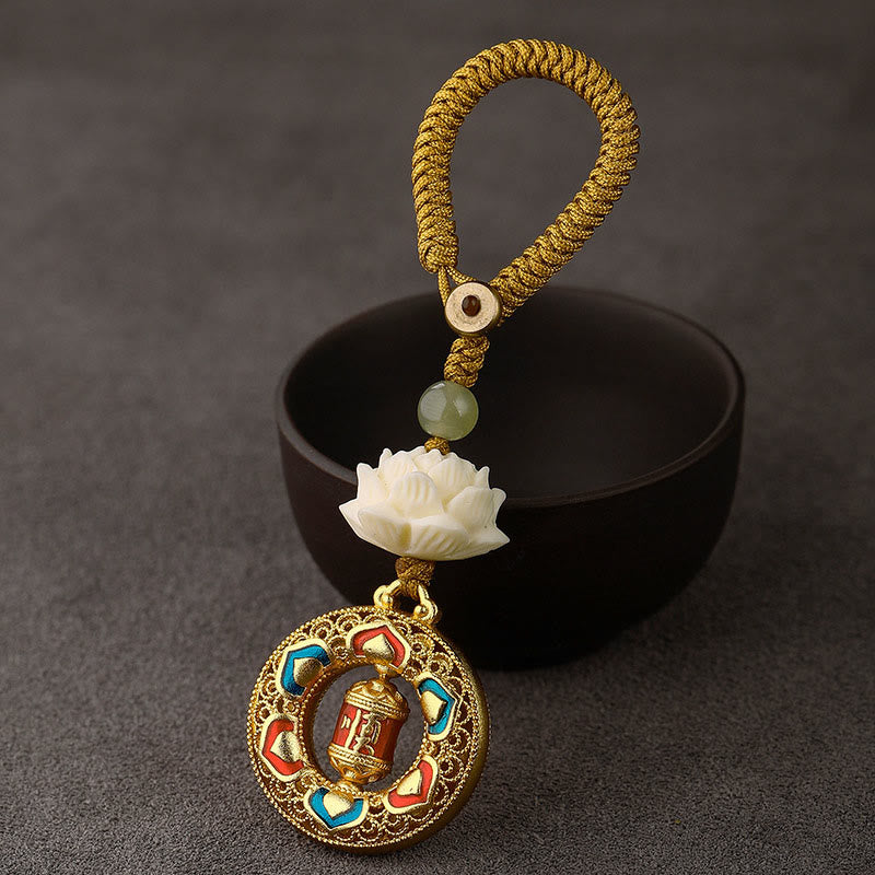 Buddha Stones, graine de Bodhi, lotus, perle de jade Hetian, porte-clés rotatif en cuivre « Paix » - Roue de prière - Corde à boutons jaunes - image 13