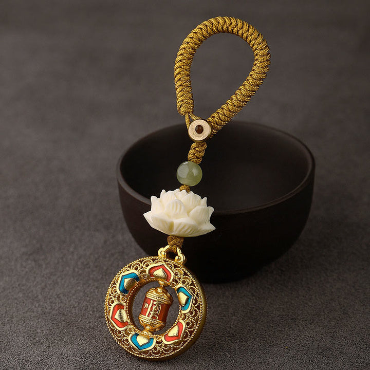 Buddha Stones, graine de Bodhi, lotus, perle de jade Hetian, porte-clés rotatif en cuivre « Paix » - Roue de prière - Corde à boutons jaunes - image 13