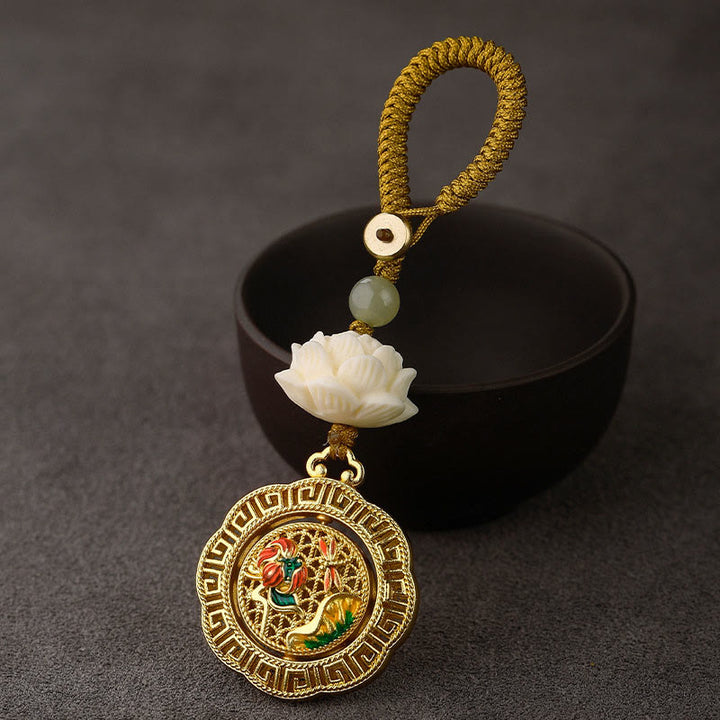 Buddha Stones, graine de Bodhi, lotus, perle de jade Hetian, porte-clés rotatif en cuivre « Paix » - Libellule Feuille de lotus - Corde à boutons jaunes - image 0