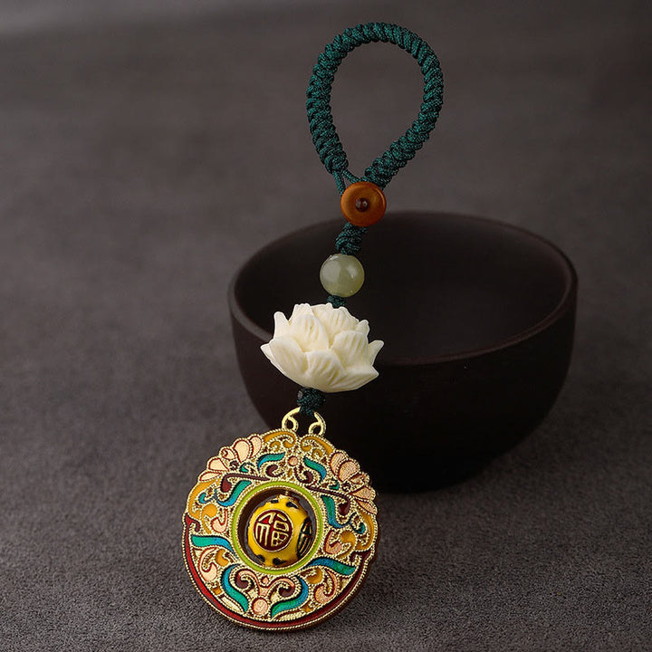 Buddha Stones, graine de Bodhi, lotus, perle de jade Hetian, porte-clés rotatif en cuivre « Paix » - Nuage de bon augure du personnage Fu - Corde à bouton vert - image 11