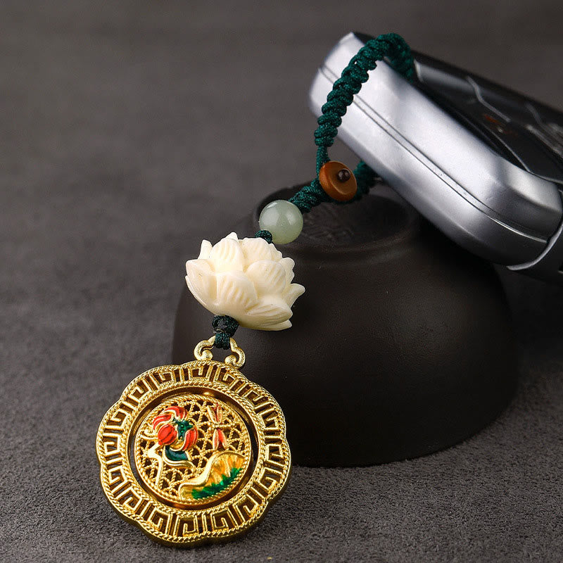 Buddha Stones, graine de Bodhi, lotus, perle de jade Hetian, porte-clés rotatif en cuivre « Paix » - image 4