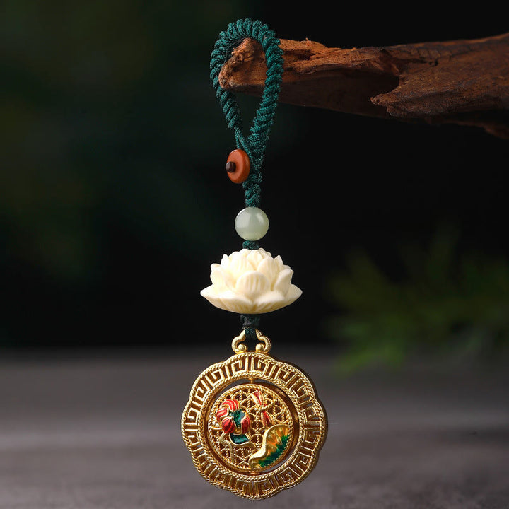 Buddha Stones, graine de Bodhi, lotus, perle de jade Hetian, porte-clés rotatif en cuivre « Paix » - image 3
