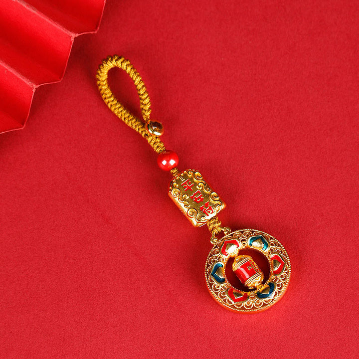 Moulin à prières en cuivre avec Buddha Stones, cinq directions, dieux de la richesse, porte-clés rotatif - Talisman de la paix - Corde à boutons - image 6