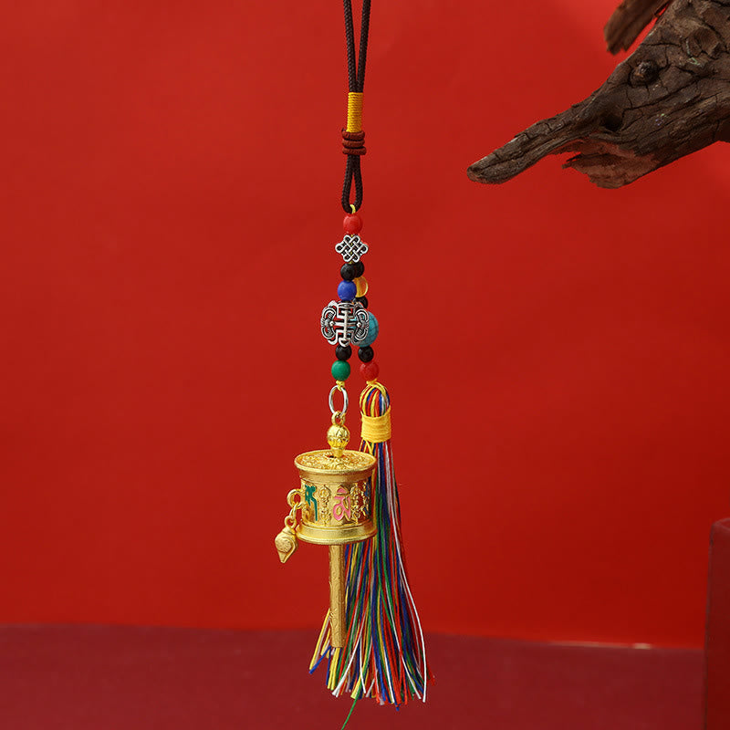 Moulin à prières en Buddha Stones Om Mani Padme Hum, porte-clés de pureté à pompons colorés - Full Gold - image 2