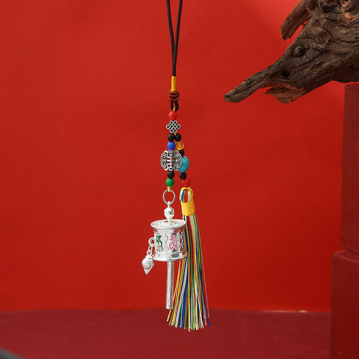 Moulin à prières en Buddha Stones Om Mani Padme Hum, porte-clés de pureté à pompons colorés - Argent massif - image 3