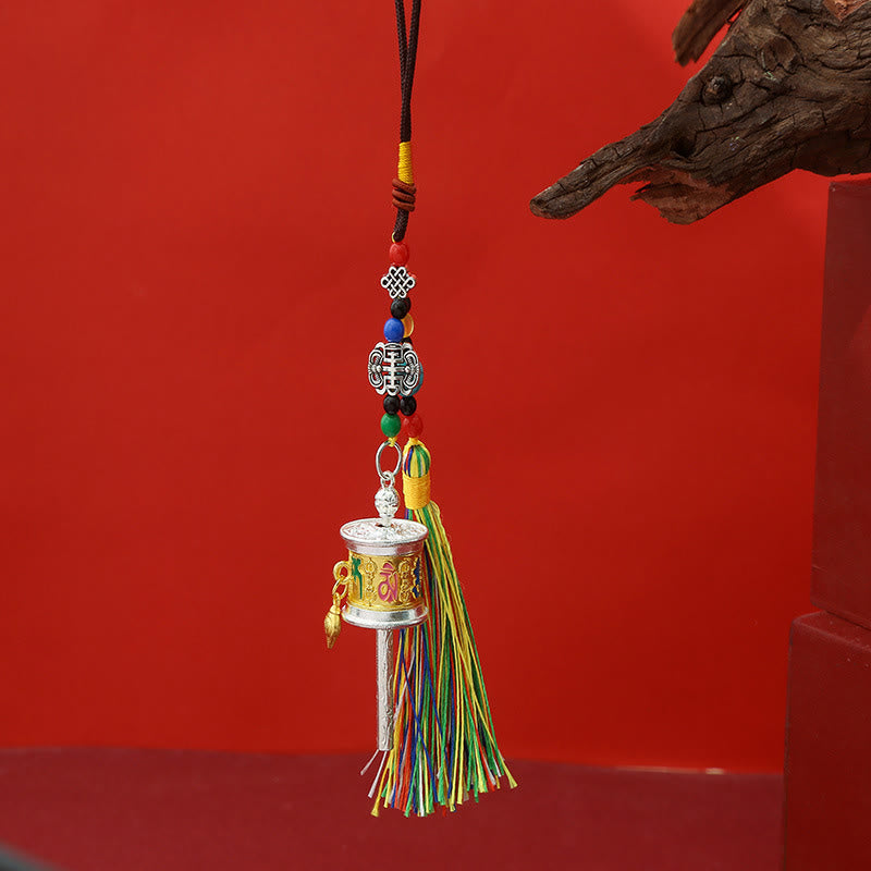 Moulin à prières en Buddha Stones Om Mani Padme Hum, porte-clés de pureté à pompons colorés - Or moyen - image 4