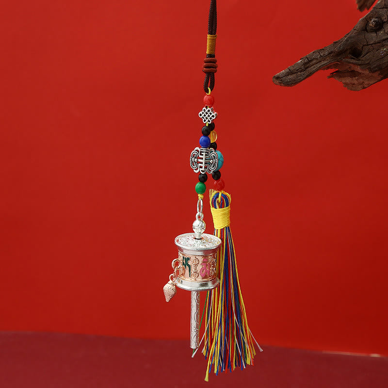 Moulin à prières en Buddha Stones Om Mani Padme Hum, porte-clés de pureté à pompons colorés - Or rose - image 6