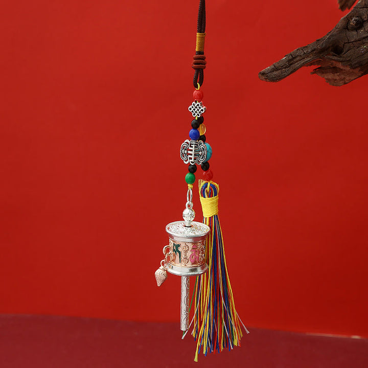 Moulin à prières en Buddha Stones Om Mani Padme Hum, porte-clés de pureté à pompons colorés - Or rose - image 6