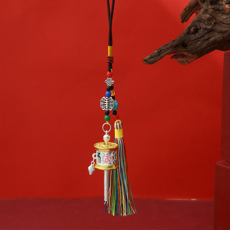 Moulin à prières en Buddha Stones Om Mani Padme Hum, porte-clés de pureté à pompons colorés - Argent moyen - image 5