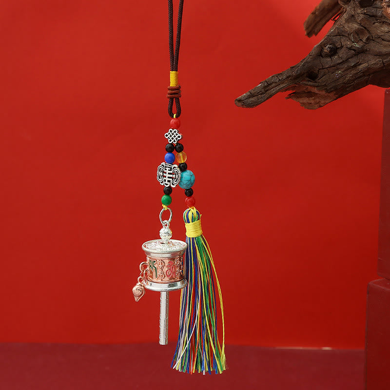 Moulin à prières en Buddha Stones Om Mani Padme Hum, porte-clés de pureté à pompons colorés - Cuivre rouge - image 7