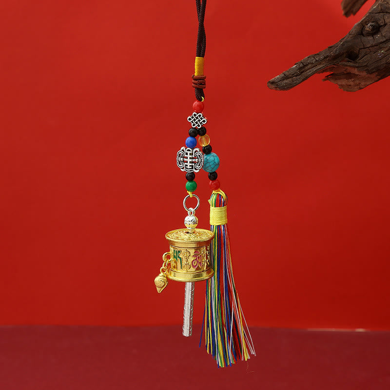 Moulin à prières en Buddha Stones Om Mani Padme Hum, porte-clés de pureté à pompons colorés - Or clair - image 8