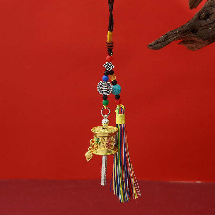 Moulin à prières en Buddha Stones Om Mani Padme Hum, porte-clés de pureté à pompons colorés - Or clair - image 8