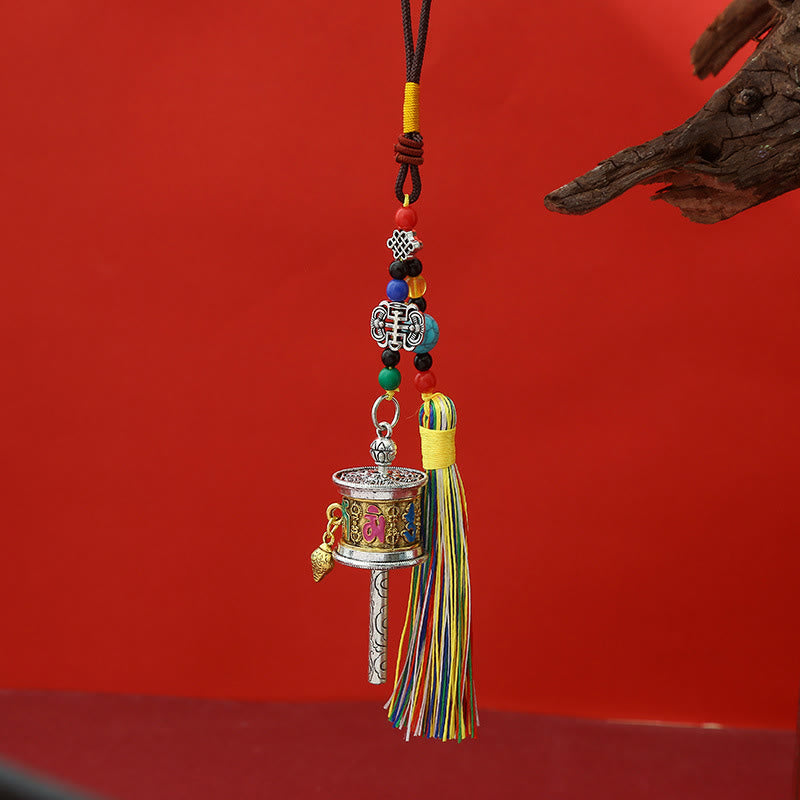 Moulin à prières en Buddha Stones Om Mani Padme Hum, porte-clés de pureté à pompons colorés - Or vintage - image 9