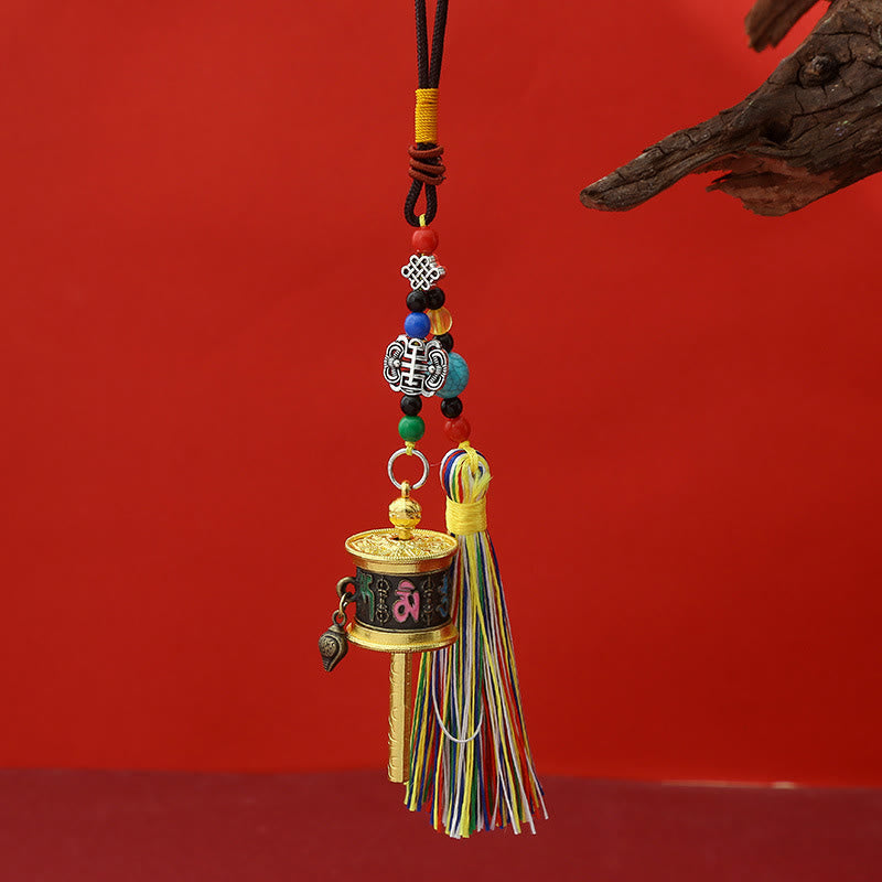 Moulin à prières en Buddha Stones Om Mani Padme Hum, porte-clés de pureté à pompons colorés - Bronze antique noir - image 10