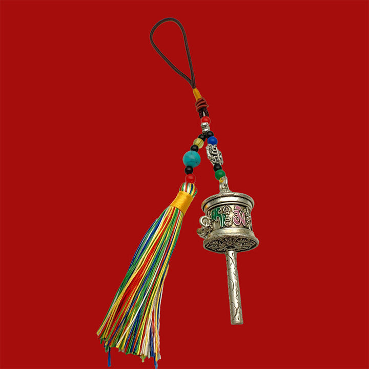 Moulin à prières en Buddha Stones Om Mani Padme Hum, porte-clés de pureté à pompons colorés - Argent antique - image 11