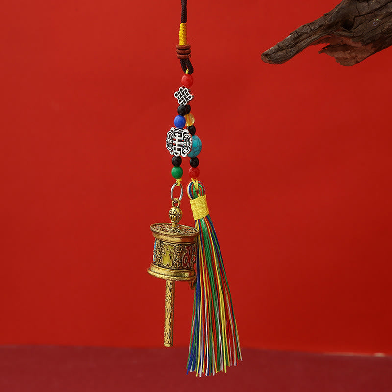 Moulin à prières en Buddha Stones Om Mani Padme Hum, porte-clés de pureté à pompons colorés - Or antique - image 0