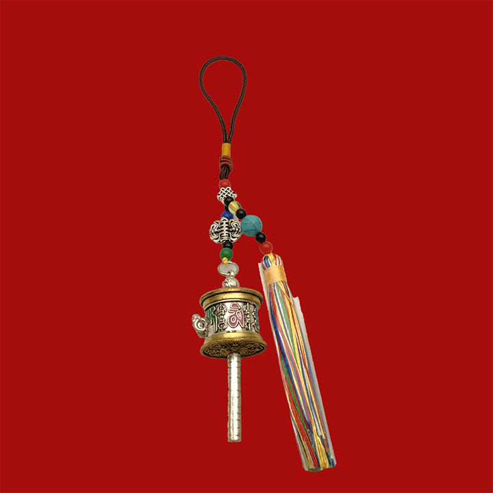 Moulin à prières en Buddha Stones Om Mani Padme Hum, porte-clés de pureté à pompons colorés - Argent vintage - image 12