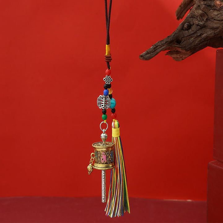 Moulin à prières en Buddha Stones Om Mani Padme Hum, porte-clés de pureté à pompons colorés - Or antique clair - image 13