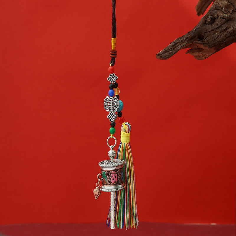 Moulin à prières en Buddha Stones Om Mani Padme Hum, porte-clés de pureté à pompons colorés - Cuivre rouge antique - image 14