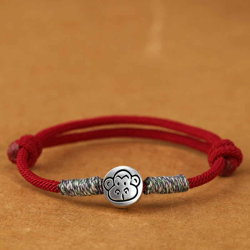 Bracelet porte-bonheur tressé en argent sterling 999 Buddha Stones , année du Cheval (signe du zodiaque chinois). - Corde rouge foncé de singe - 19-23 cm - image 25