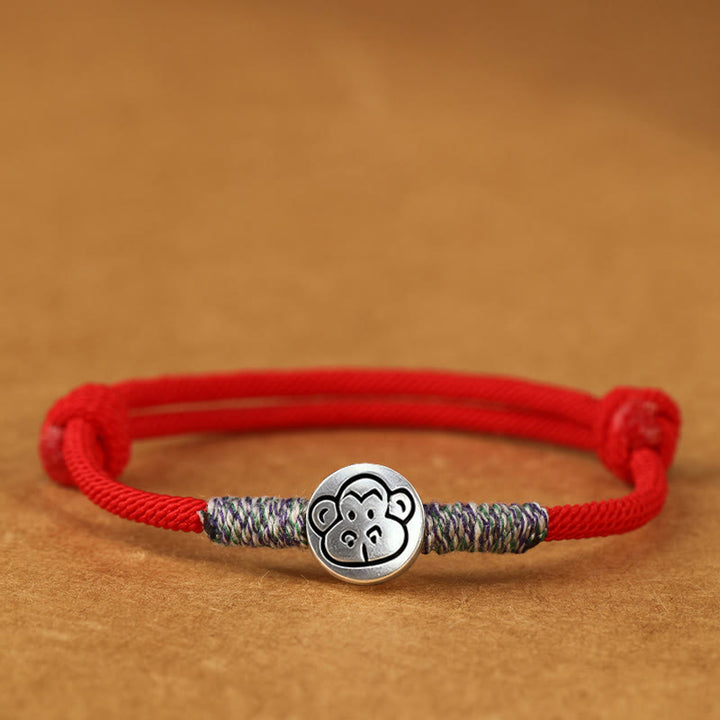 Bracelet porte-bonheur tressé en argent sterling 999 Buddha Stones , année du Cheval (signe du zodiaque chinois). - Fil rouge de singe - 19-23 cm - image 39
