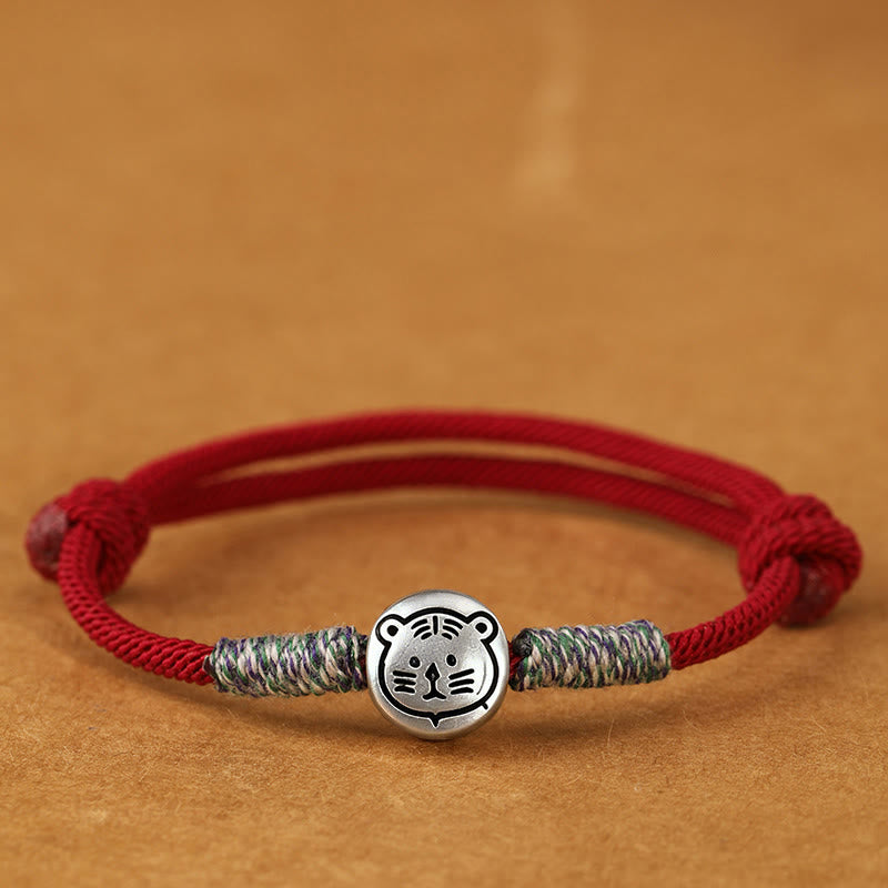 Bracelet porte-bonheur tressé en argent sterling 999 Buddha Stones , année du Cheval (signe du zodiaque chinois). - Tigre Corde rouge foncé - 19-23 cm - image 20