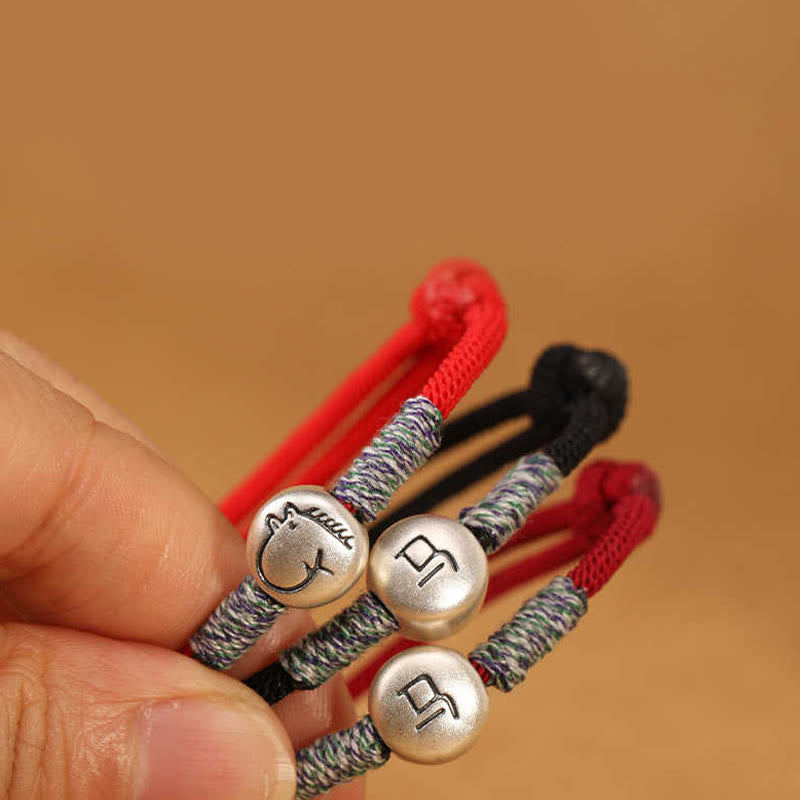 Bracelet porte-bonheur tressé en argent sterling 999 Buddha Stones , année du Cheval (signe du zodiaque chinois). - image 58