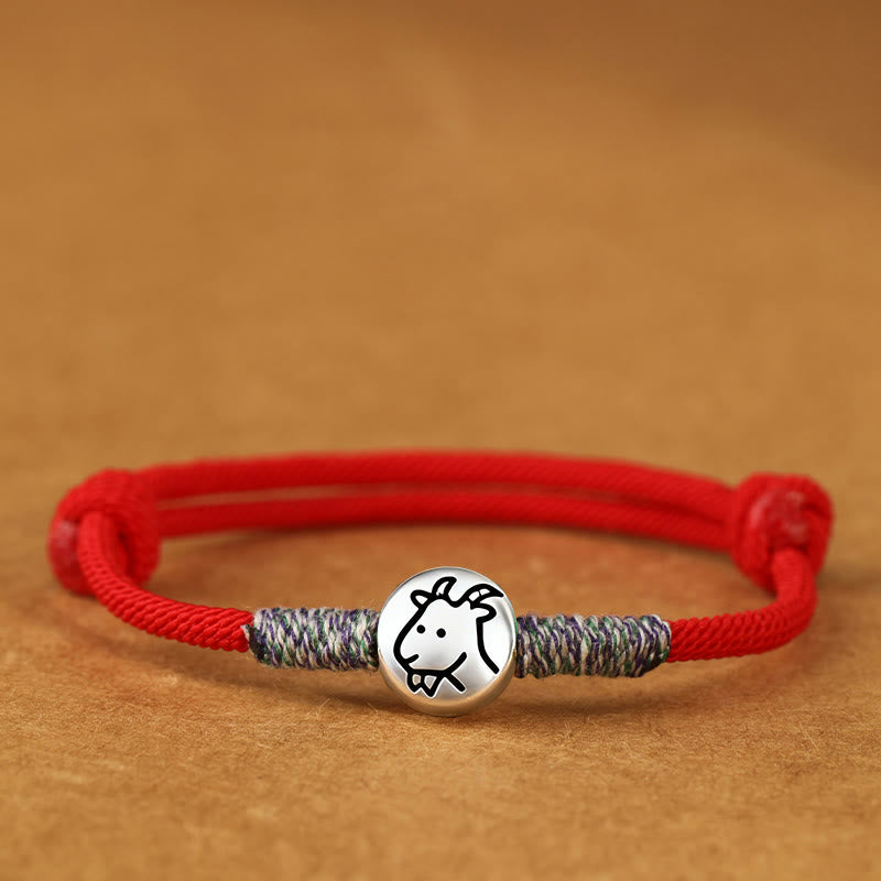 Bracelet porte-bonheur tressé en argent sterling 999 Buddha Stones , année du Cheval (signe du zodiaque chinois). - Chèvre à ficelle rouge - 19-23 cm - image 38
