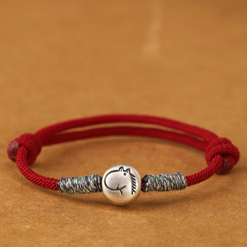 Bracelet porte-bonheur tressé en argent sterling 999 Buddha Stones , année du Cheval (signe du zodiaque chinois). - Cheval Corde rouge foncé - 19-23 cm - image 1