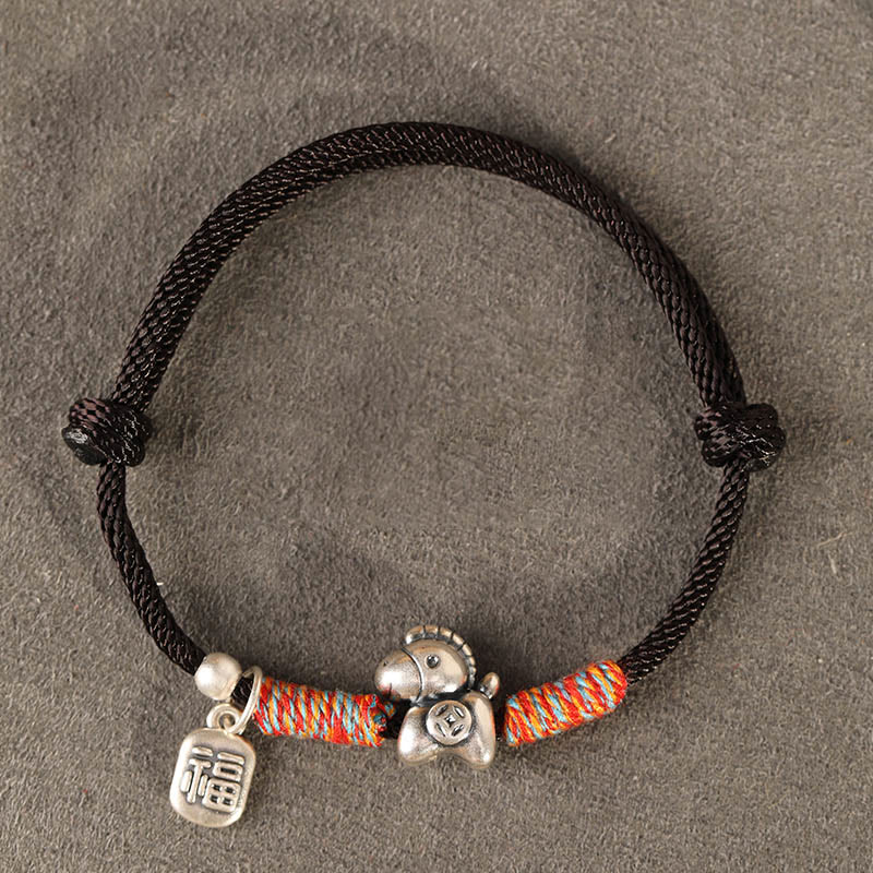 Bracelet porte-bonheur tressé en argent sterling 999 avec breloque représentant le caractère Fu de l'année du Cheval et Buddha Stones - Cordon bleu (Tour de poignet : 14-18 cm) - image 18