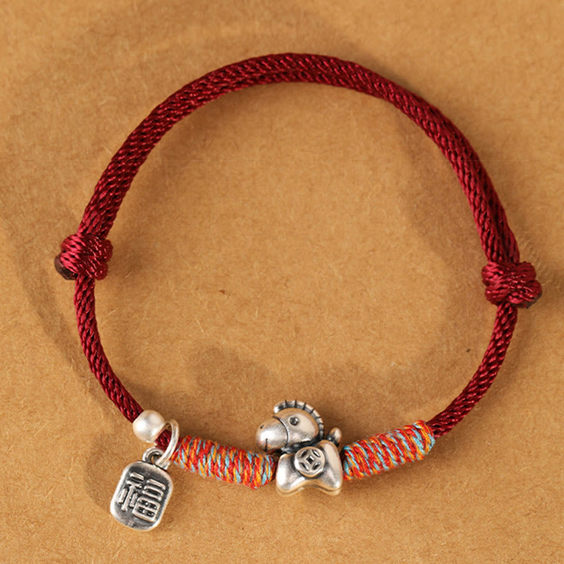Bracelet porte-bonheur tressé en argent sterling 999 avec breloque représentant le caractère Fu de l'année du Cheval et Buddha Stones - image 2