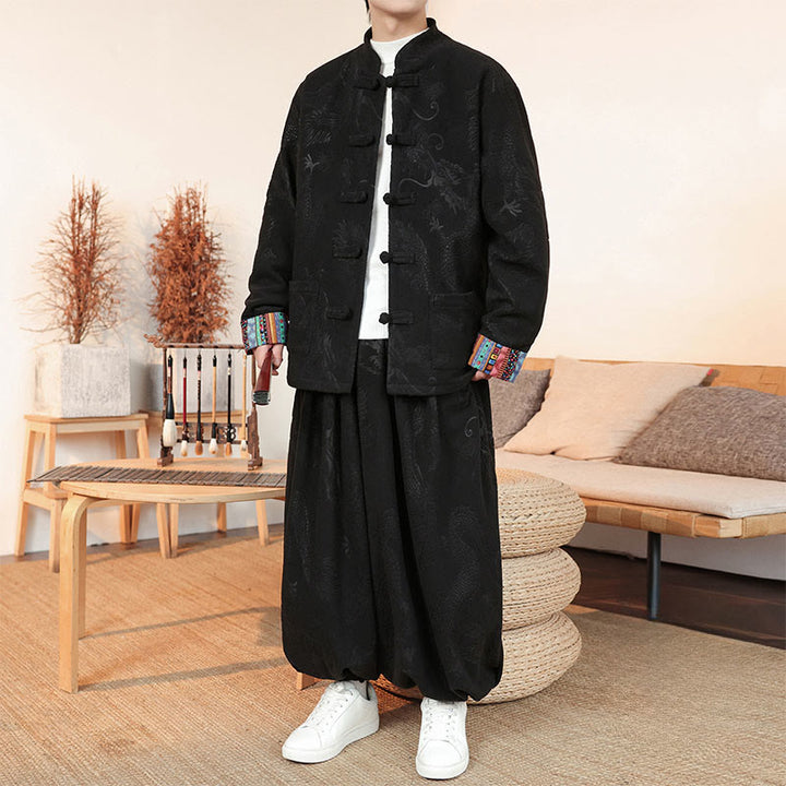 Ensemble veste et pantalon en coton à manches longues et boutons, motif dragon et grenouille, pour homme, automne-hiver 2 pièces, Buddha Stones - Noir - US/UK/AU46，EU56 (5XL) - image 0