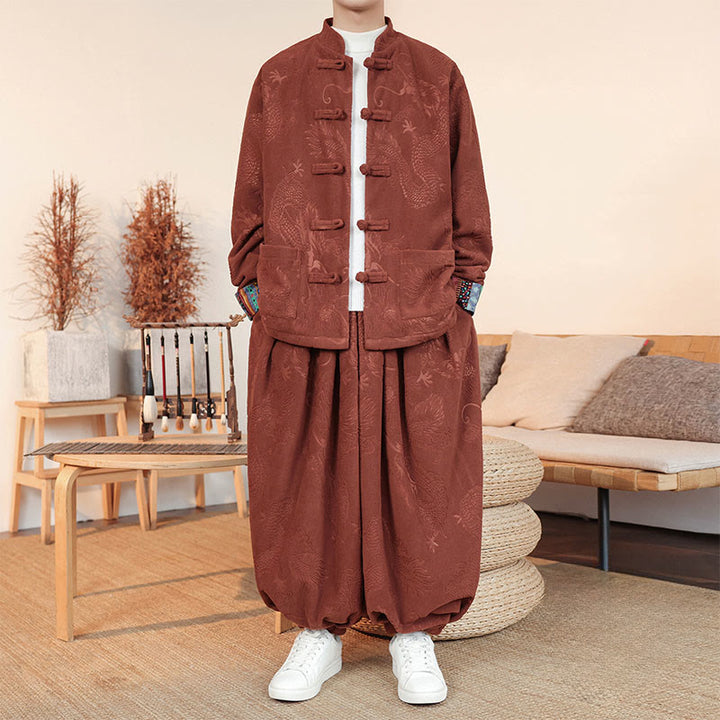 Ensemble veste et pantalon en coton à manches longues et boutons, motif dragon et grenouille, pour homme, automne-hiver 2 pièces, Buddha Stones - Chocolat - US/UK/AU46，EU56 (5XL) - image 10