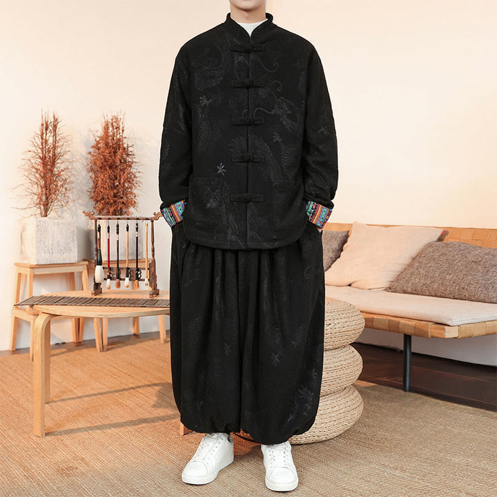 Ensemble veste et pantalon en coton à manches longues et boutons, motif dragon et grenouille, pour homme, automne-hiver 2 pièces, Buddha Stones - image 1
