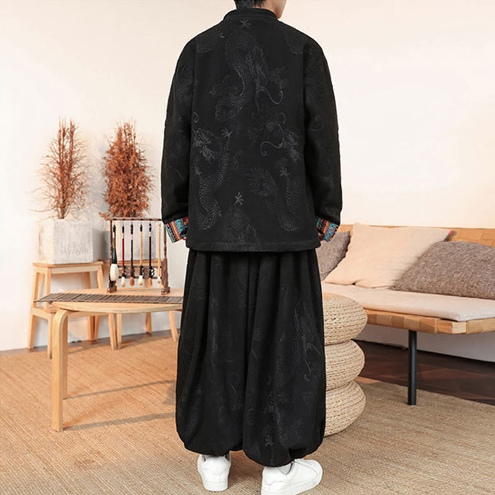 Ensemble veste et pantalon en coton à manches longues et boutons, motif dragon et grenouille, pour homme, automne-hiver 2 pièces, Buddha Stones - image 4