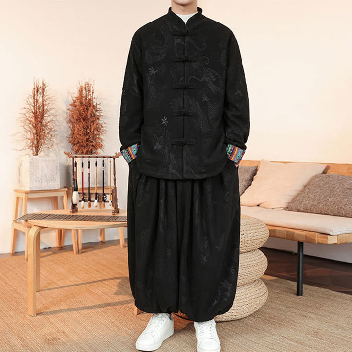 Ensemble veste et pantalon en coton à manches longues et boutons, motif dragon et grenouille, pour homme, automne-hiver 2 pièces, Buddha Stones - image 2