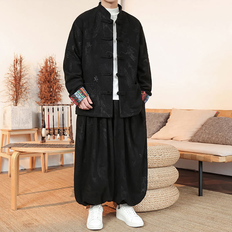 Ensemble veste et pantalon en coton à manches longues et boutons, motif dragon et grenouille, pour homme, automne-hiver 2 pièces, Buddha Stones - image 6