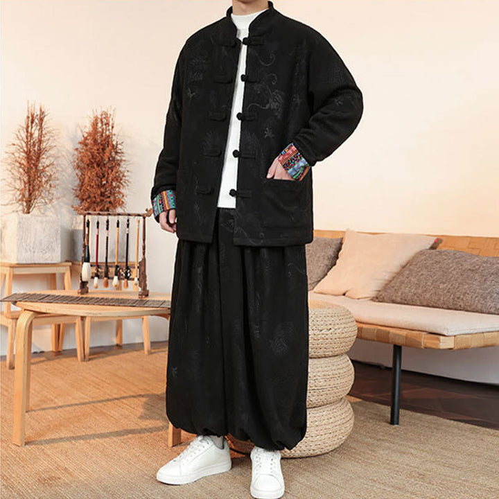 Ensemble veste et pantalon en coton à manches longues et boutons, motif dragon et grenouille, pour homme, automne-hiver 2 pièces, Buddha Stones - image 7