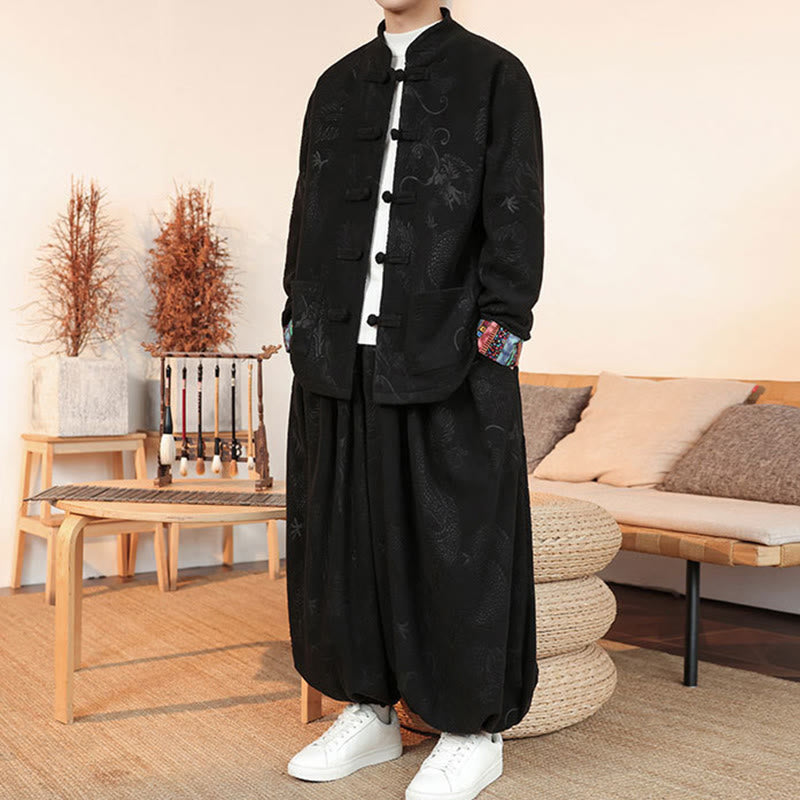 Ensemble veste et pantalon en coton à manches longues et boutons, motif dragon et grenouille, pour homme, automne-hiver 2 pièces, Buddha Stones - image 5