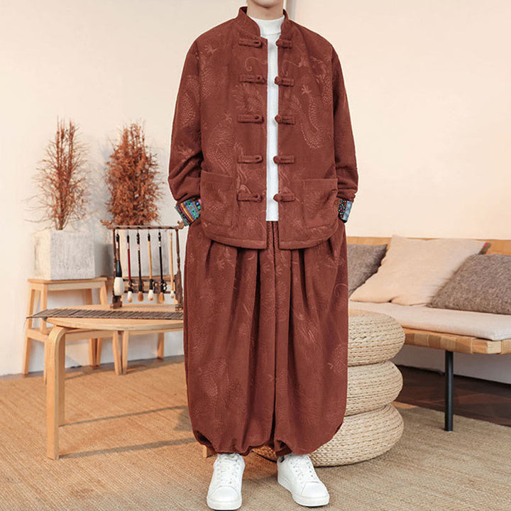 Ensemble veste et pantalon en coton à manches longues et boutons, motif dragon et grenouille, pour homme, automne-hiver 2 pièces, Buddha Stones - image 11