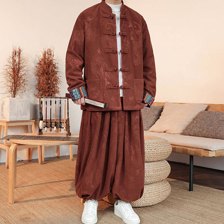 Ensemble veste et pantalon en coton à manches longues et boutons, motif dragon et grenouille, pour homme, automne-hiver 2 pièces, Buddha Stones - image 12