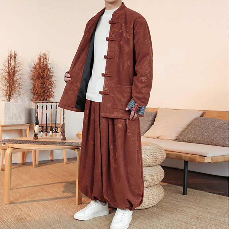 Ensemble veste et pantalon en coton à manches longues et boutons, motif dragon et grenouille, pour homme, automne-hiver 2 pièces, Buddha Stones - image 14