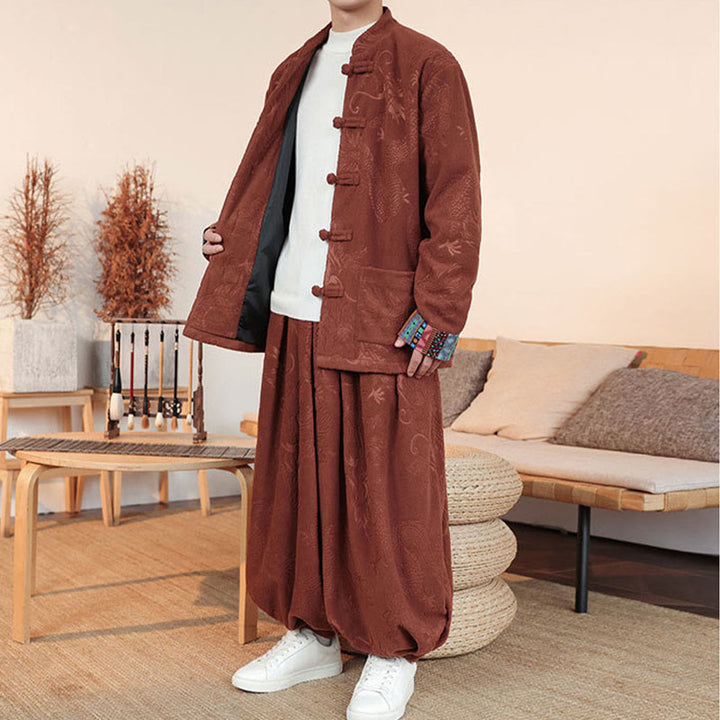 Ensemble veste et pantalon en coton à manches longues et boutons, motif dragon et grenouille, pour homme, automne-hiver 2 pièces, Buddha Stones - image 14