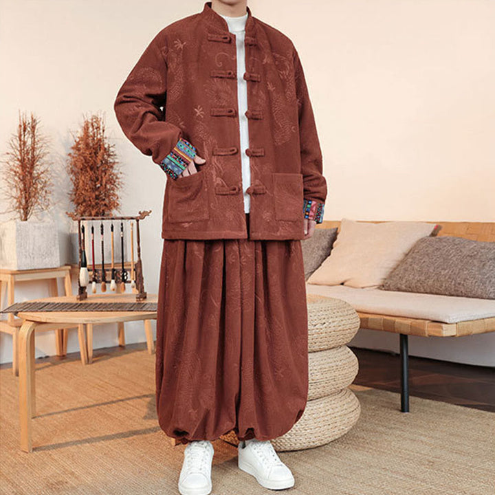 Ensemble veste et pantalon en coton à manches longues et boutons, motif dragon et grenouille, pour homme, automne-hiver 2 pièces, Buddha Stones - image 15