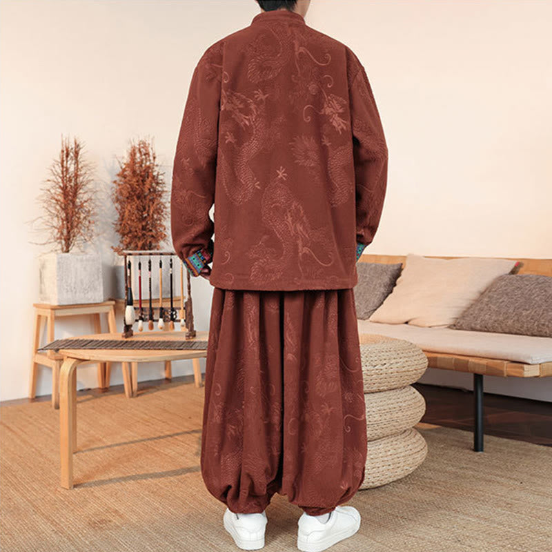Ensemble veste et pantalon en coton à manches longues et boutons, motif dragon et grenouille, pour homme, automne-hiver 2 pièces, Buddha Stones - image 13